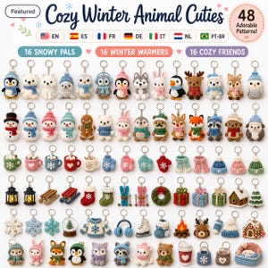 May include: A digital collection of 48 crochet patterns titled Cozy Winter Animal Cuties, featuring images of various small crocheted keychains including animals, snowmen, winter clothing, holiday items, and festive decorations in many colors.