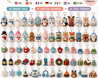 May include: A digital collection of 48 crochet patterns titled Cozy Winter Animal Cuties, featuring images of various small crocheted keychains including animals, snowmen, winter clothing, holiday items, and festive decorations in many colors.