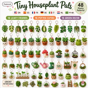 May include: A collection of 48 crochet patterns for tiny houseplant keychains, featuring various green leaves, potted succulents, cacti, and decorative plant-themed items. The image displays numerous small, detailed amigurumi designs.
