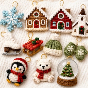 May include: A collection of ten crocheted Christmas ornaments including a light blue snowflake, two gingerbread-style houses, a white church, a white ice skate, a red sled, a green beanie, green mittens, a penguin, a polar bear, and a snow globe.