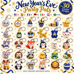 Könnte beinhalten: Eine Sammlung von 30 Häkel-Schlüsselanhänger-Designs mit dem Titel New Year's Eve Party Pals. Das Bild zeigt verschiedene kleine, ausgestopfte, aus Garn gefertigte Figuren und Objekte, darunter eine Discokugel, eine Uhr, Tiere und Partyartikel.