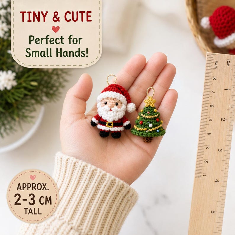 May include: Two small crocheted ornaments, one shaped like Santa Claus in a red and white suit and the other like a green Christmas tree with a yellow star on top. Each ornament has a gold loop for hanging and measures approximately 1 inch tall.