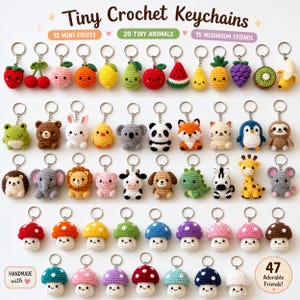 May include: A selection of handmade crochet keychains showcasing miniature fruits, animals, and mushroom designs. The keychains feature a range of colourful characters, including a strawberry, frog, panda, and mushroom. Each keychain is attached to a silver metal ring.