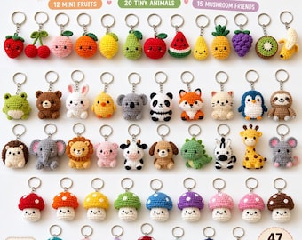 47 Tiny Crochet Keychain Patterns: Animals, Fruits, Mushrooms (PDF Download)