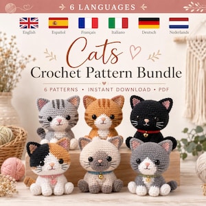 Paket med 6 virkmönster för katter: Amigurumi kattunge i PDF-format på sex språk