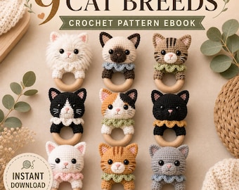 May include: A digital ebook cover titled 9 CAT BREEDS CROCHET PATTERN EBOOK featuring nine crocheted cat heads attached to wooden rings. The cats vary in color including white, Siamese, tabby, black and white, calico, and gray. Text includes INSTANT DOWNLOAD and CUTE CLASSIC BEGINNER FRIENDLY.