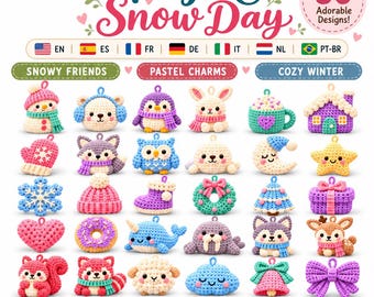 May include: A crochet pattern bundle titled Pastel Snow Day featuring 30 adorable designs. The image displays various small, colorful crocheted charms including animals, winter items, and holiday shapes in pastel yarn colors.