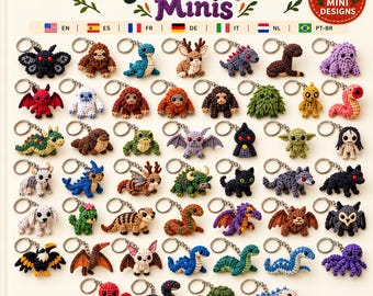 May include: A collection of 47 miniature crochet keychains featuring various cryptid and creature designs. The image displays diverse figures including dragons, moths, octopuses, and mythical beasts, each attached to a silver metal keyring.