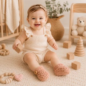 May include: A cream-colored knitted romper featuring ruffled shoulder straps and small wooden buttons, paired with soft pink crocheted booties. The romper has a ribbed bodice and a simple knit texture, providing a comfortable and classic look for an infant.