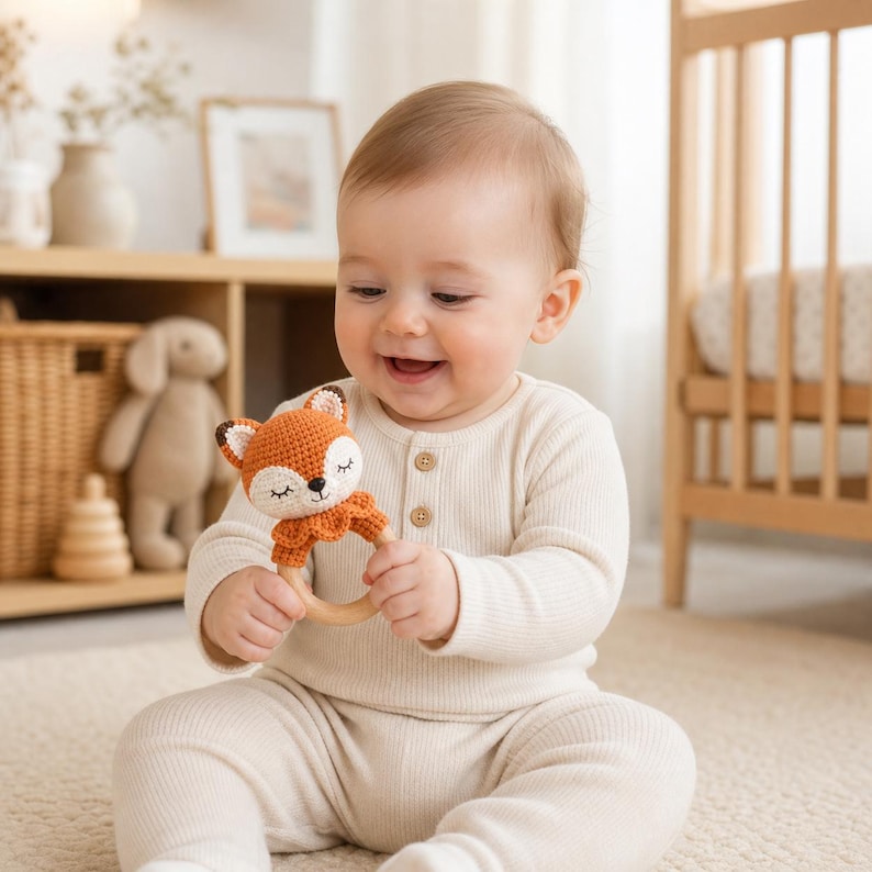 May include: A smiling baby holds a crochet fox-shaped wooden teether. The fox has orange and white details with closed eyes. The teether is made of a light-colored wood ring. The baby is wearing a cream-colored onesie.