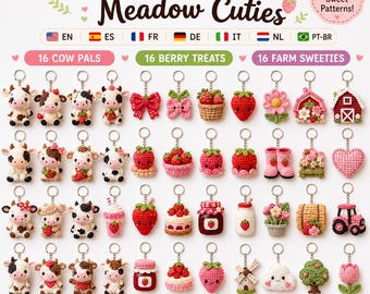 Paquete de patrones de ganchillo de vaca fresa, 48 diseños de llaveros amigurumi, descarga del PDF Farm Berry
