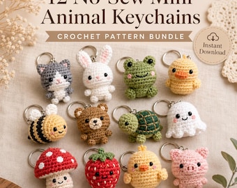 12 Mini-Tier-Schlüsselanhänger-Anleitungen (PDF, ohne Nähen), Amigurumi-Häkel-Set, Sofort-Download