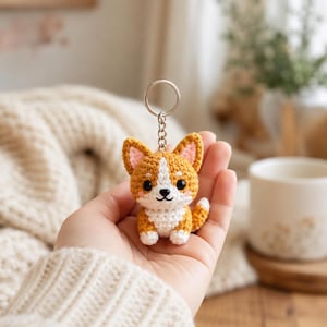 May include: A small, handmade crochet keychain shaped like a Corgi dog. The figure features golden-brown and white yarn, black plastic eyes, a black stitched nose, and pink inner ears. It is attached to a silver-toned metal split ring keychain.