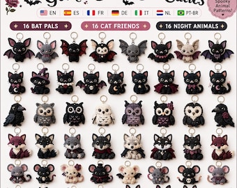 Gothic Animal Crochet Pattern Bundle, 48 Spooky Amigurumi Keychains (PDF)