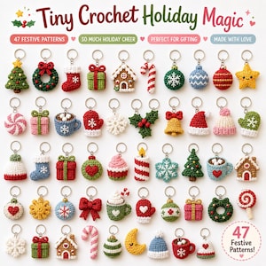 Puede incluir: Una colección de 47 pequeños llaveros de ganchillo coloridos con diseños navideños como árboles, calcetines, regalos, casas de jengibre, bastones de caramelo, adornos, copos de nieve, tazas y estrellas, cada uno con una anilla de metal.