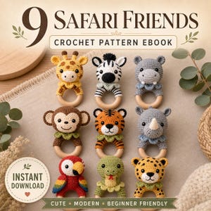 Op de afbeelding: Negen gehaakte safari-dierenknuffels, waaronder een giraf, zebra en tijger, met houten ringhandvatten. De afbeelding bevat de tekst "9 Safari Friends Crochet Pattern Ebook" en "Direct downloaden."