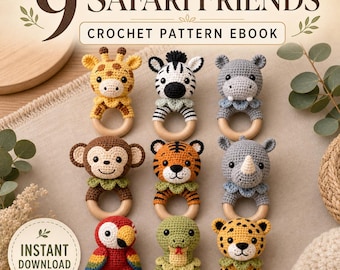 9 Safari Friends Crochet Rattle Pattern Bundle: Kawaii Amigurumi eBook (PDF Digital Download)