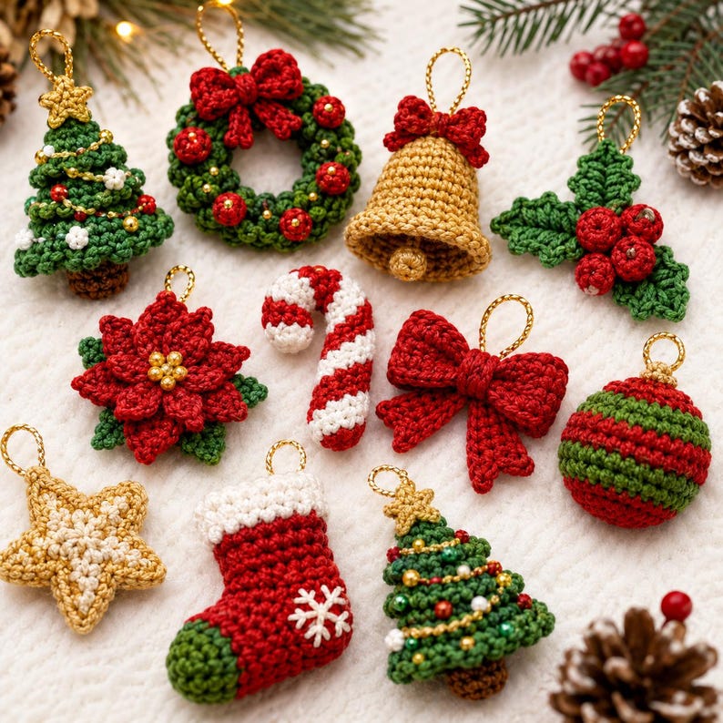 May include: A collection of ten crocheted Christmas ornaments including a green tree, a wreath with red berries, a gold bell, holly leaves, a red poinsettia, a candy cane, a red bow, a striped ball, a gold star, and a red and green stocking.