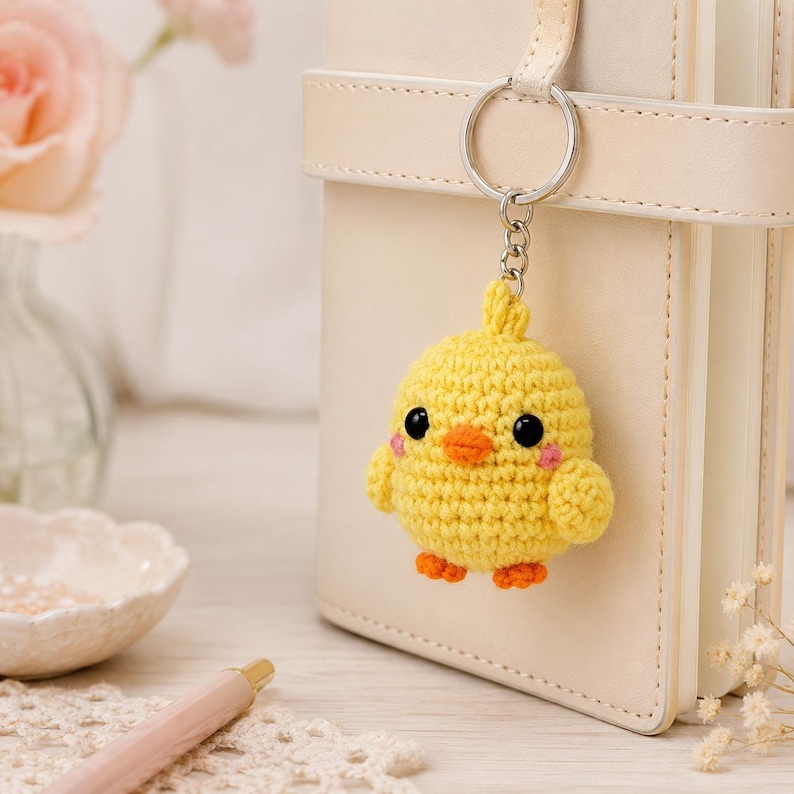 May include: A small, round, yellow crocheted chick keychain featuring black plastic eyes, a small orange beak, tiny orange feet, and pink embroidered cheeks. The chick is attached to a silver-toned metal split ring and a short chain.