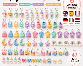 May include: A collection of tiny crochet baby charms featuring pacifiers, baby bottles, rattles, bibs, booties, hats, onesies, moons, stars, rainbows, strollers, cribs, bows, flowers, and alphabet blocks, with text reading Tiny Crochet Baby Charms.