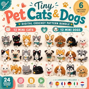 Cat and Dog Crochet Patterns PDF, 24 Mini Keychain Amigurumi, 6 Languages