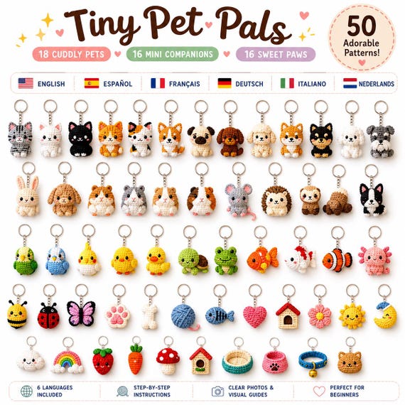 57 Tiny Pet Crochet Patterns PDF: Amigurumi Animals, Keychains & Charms, 6-Language Guide