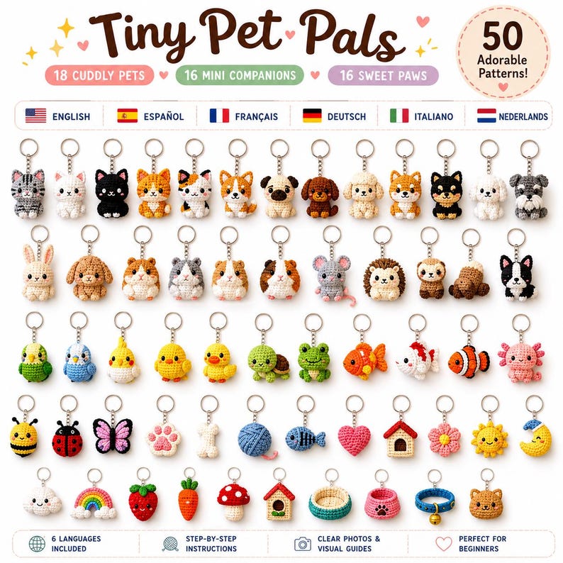 57 Tiny Pet Crochet Patterns PDF: Amigurumi Animals, Keychains & Charms, 6-Language Guide image 1