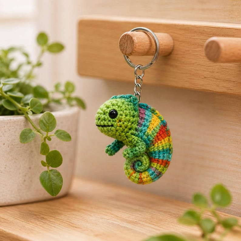 May include: A crocheted chameleon keychain featuring a green head and body with a multi-colored striped tail in shades of yellow, orange, blue, and purple. The small stuffed figure is attached to a silver-toned metal split ring and chain.