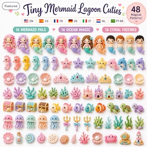 May include: A collection of 48 small crocheted figures featuring mermaids, sea creatures, shells, treasure chests, and castles in various pastel colors. The image includes text reading Tiny Mermaid Lagoon Cuties and 48 Magical Patterns.