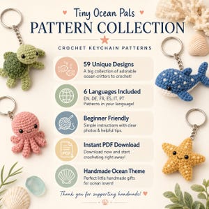 May include: A digital pattern collection titled Tiny Ocean Pals featuring crochet keychain instructions. The image displays four crocheted keychains: a green turtle, a blue whale, a pink octopus, and a yellow starfish, alongside text detailing 59 designs.