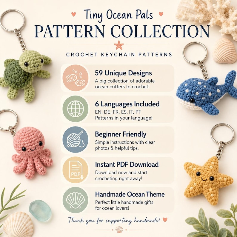 May include: A digital pattern collection titled Tiny Ocean Pals featuring crochet keychain instructions. The image displays four crocheted keychains: a green turtle, a blue whale, a pink octopus, and a yellow starfish, alongside text detailing 59 designs.