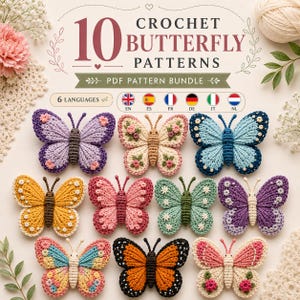 May include: A digital graphic displaying 10 crochet butterfly patterns with the text 10 CROCHET BUTTERFLY PATTERNS PDF PATTERN BUNDLE. The image features 10 distinct crocheted butterflies in various colors including purple, yellow, pink, blue, and orange.