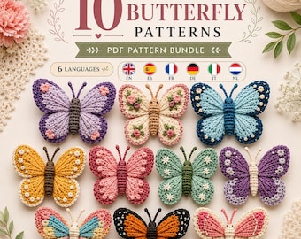 Crochet Butterfly Pattern Bundle: 10 Floral Designs, 6 Languages, Digital PDF