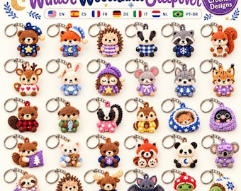 May include: A collection of 30 miniature crochet animal keychains titled Winter Woodland Sleepover. The display features various creatures including bears, foxes, hedgehogs, and raccoons, many wearing pajamas or winter-themed accessories like hats and scarves.