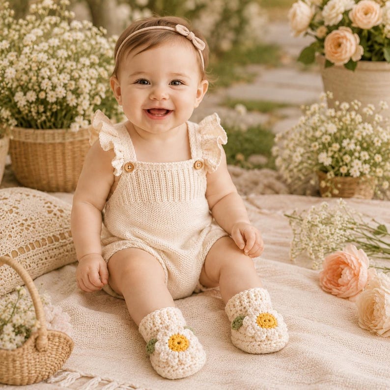 May include: A cream-colored knit romper featuring ruffled shoulder straps and two small wooden buttons at the chest. The outfit is paired with matching cream-colored crochet booties, each decorated with a white and yellow daisy flower motif.