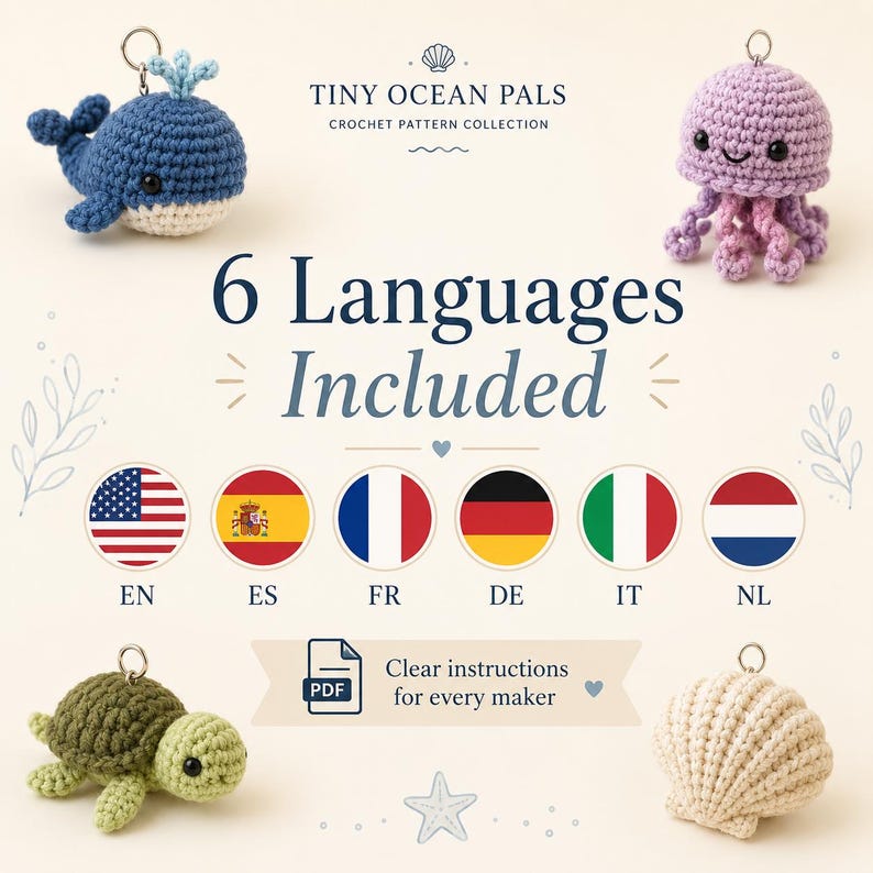 May include: A crochet pattern collection titled Tiny Ocean Pals featuring four amigurumi keychains: a blue whale, a purple jellyfish, a green turtle, and a cream seashell. The text 6 Languages Included is displayed with six national flags and a PDF icon.