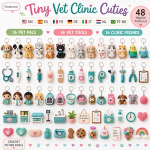 Peut inclure: Une collection de 48 modèles au crochet intitulée Tiny Vet Clinic Cuties, comprenant des porte-clés de 16 animaux, 16 outils vétérinaires et 16 amis de la clinique. L'image présente divers articles crochetés, animaux, outils et meubles.