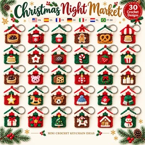 May include: A collection of 30 miniature crochet house keychains featuring various Christmas-themed motifs like gingerbread men, candy canes, snowmen, and holiday treats. Each keychain has a metal ring and a unique festive design.