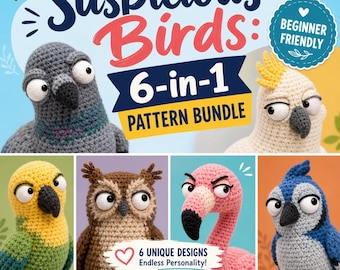 May include: A promotional image for a crochet pattern bundle featuring six different "Suspicious Birds." The image includes a gray pigeon, a white cockatoo, a yellow parrot, a brown owl, a pink flamingo, and a blue jay. Text includes "Beginner Friendly" and "6-in-1 Pattern Bundle."