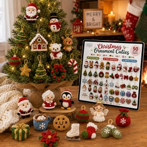 May include: A Christmas tree decorated with various crocheted ornaments including a Santa, snowman, gingerbread house, and star. Beside it, a display board titled Christmas Ornament Cuties shows 50 crochet patterns with additional loose ornaments.