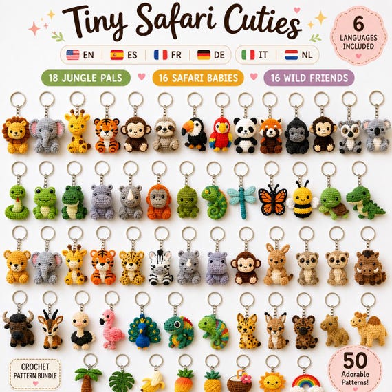 60 Safari Crochet Keychain Patterns: Animal Amigurumi and Tropical Charms, 6 Languages, PDF