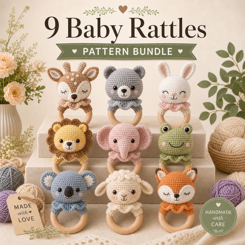 May include: Nine handmade crochet baby rattles in various animal designs, including a deer, bear, bunny, lion, elephant, frog, koala, sheep, and fox. Each rattle features a wooden ring and is labeled as a pattern bundle.