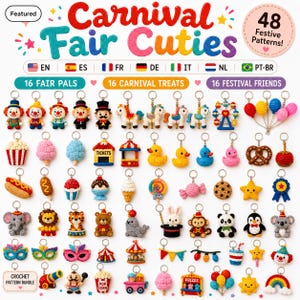 Op de afbeelding: Een digitale collectie van 48 haakpatronen genaamd Carnival Fair Cuties, met afbeeldingen van diverse gehaakte sleutelhangers, waaronder clowns, kermisattracties, dieren, maskers en festivaldecoraties in een rasterindeling.