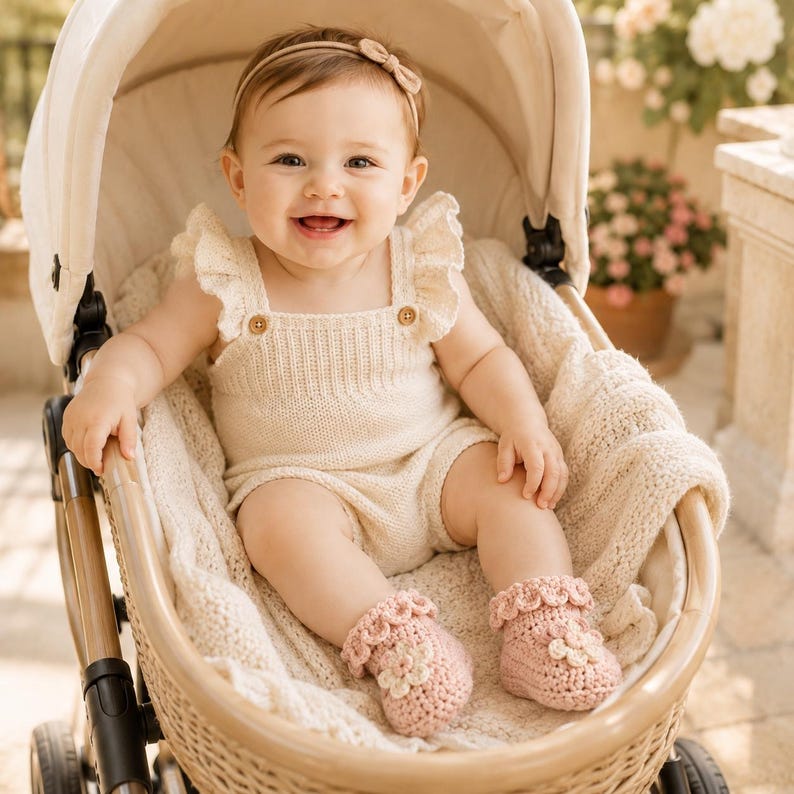 May include: A cream-colored knitted romper featuring ruffled shoulder straps and small wooden buttons, paired with soft pink crocheted booties adorned with a flower detail. The romper has a ribbed bodice and a simple, clean design for infants.