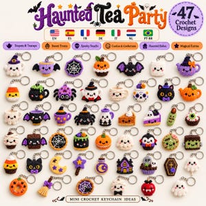 May include: A collection of 47 miniature crochet keychain designs titled Haunted Tea Party, featuring various spooky and sweet themes including ghosts, pumpkins, bats, spiders, teapots, and treats, each attached to a silver metal keyring.