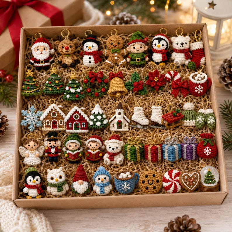 May include: A collection of small, crocheted Christmas ornaments arranged in a cardboard box. The set includes figures of Santa, reindeer, snowmen, gingerbread people, elves, penguins, polar bears, nutcrackers, angels, and various holiday icons like trees, wreaths, bells, gifts, and cocoa mugs.