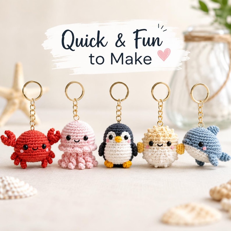 May include: Five crocheted animal keychains featuring a red crab, a pink jellyfish, a black and white penguin, a cream-colored pufferfish, and a blue whale. Each keychain has a gold-tone metal ring and chain. Text reads: Quick & Fun to Make.