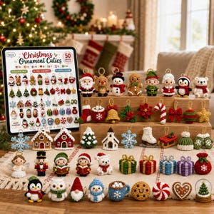 May include: A collection of 50 miniature crochet Christmas ornaments featuring various festive characters, objects, and symbols. A digital tablet displays a catalog of the patterns. The ornaments include figures like Santa, snowmen, and animals, alongside items like gift boxes, trees, and stars, all crafted with colorful yarn.