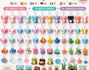 48 patrones de ganchillo de ajolotes y acuarios, paquete de PDF de amigurumi para principiantes, descarga digital.