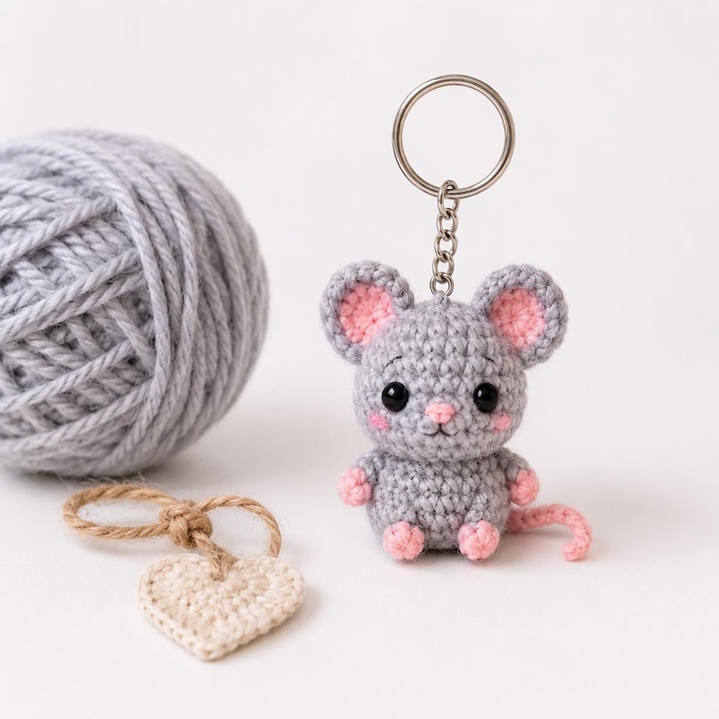 May include: A gray crocheted mouse keychain with pink inner ears, pink cheeks, and pink paws. The mouse has black bead eyes and a small pink nose. A silver metal keyring is attached to the top of the mouse head. A small beige crocheted heart.